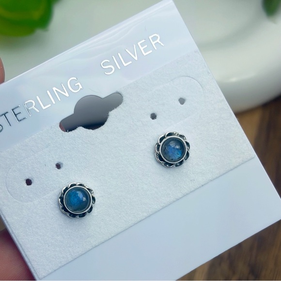 Dark Blue Flash Labradorite Stud Earrings Southwest Pure Sterling Silver 925 - Picture 6 of 10